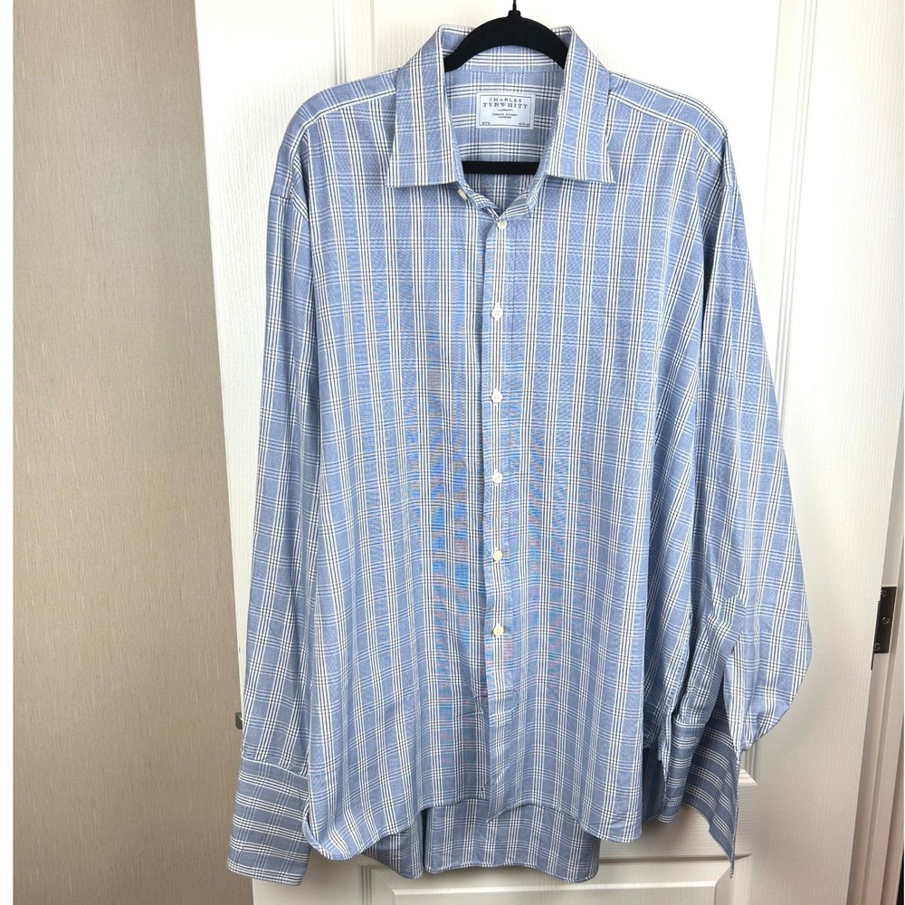 Charles Tyrwhitt Mens Blue White Glen Plaid Dress Shirt 18/37 Double Cuff